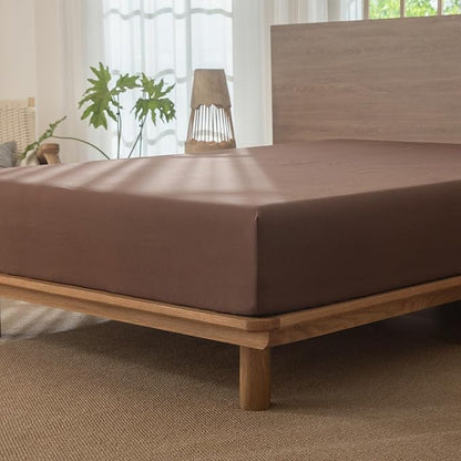 MooMee Fitted Bottom Sheet Only 100% Washed Cotton Linen Like Textured Breathable Durable Soft Comfy Deep Pocket Fits Mattress up to 17" (Cocoa Brown, Queen)