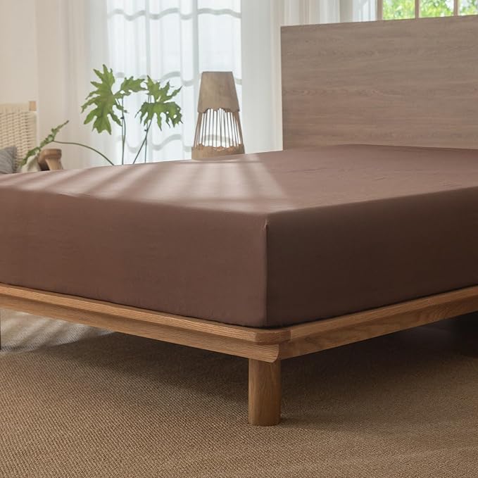 MooMee Fitted Bottom Sheet Only 100% Washed Cotton Linen Like Textured Breathable Durable Soft Comfy Deep Pocket Fits Mattress up to 17" (Cocoa Brown, King)