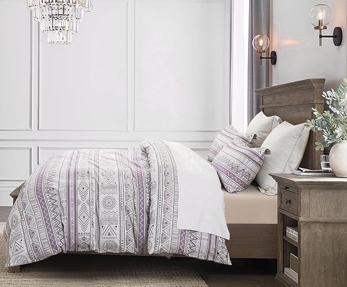 SLEEPBELLA Boho Chic Striped King Size Duvet Cover Set - 100% Cotton with Button Closure in White and Purple