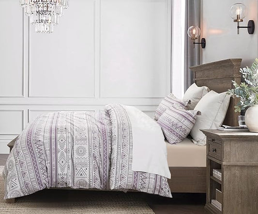 SLEEPBELLA Boho Chic Striped King Size Duvet Cover Set - 100% Cotton with Button Closure in White and Purple
