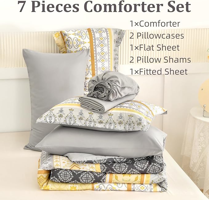 WONGS BEDDING Boho Comforter Set King Size,7 Pieces Bed in a Bag Bohemian Striped Bedding Set,Yellow Paisley Floral Comfortet and Sheet Set,Soft Microfiber Bedding Sets for All Season