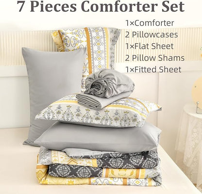 WONGS BEDDING Boho Comforter Set King Size,7 Pieces Bed in a Bag Bohemian Striped Bedding Set,Yellow Paisley Floral Comfortet and Sheet Set,Soft Microfiber Bedding Sets for All Season