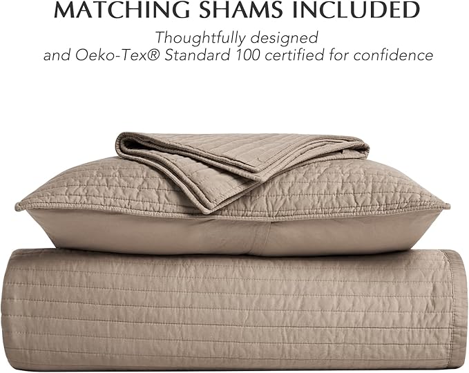 EVERGRACEHOME Cotton Sateen Quilt Set King Size, Pre-Washed Cotton Channel Stitch Coverlet Bedspread, 3 Pieces Lightweight Soft Bedding Sets for All Season, with 2 Pillow Shams, Stone Taupe