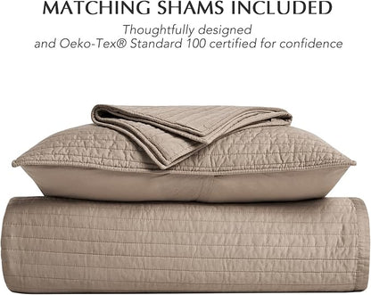 EVERGRACEHOME Cotton Sateen Quilt Set Queen Size, Pre-Washed Cotton Channel Stitch Coverlet Bedspread, 3 Pieces Lightweight Soft Bedding Sets for All Season, with 2 Pillow Shams, Stone Taupe