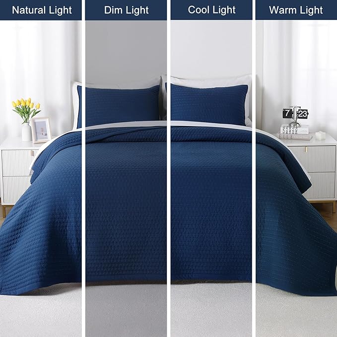 XL Queen Quilt Set – 98"x98" Soft Washed 3-Layer Lightweight Bedspread with Multi-Lock Quilting,Minimalist Nordic Bedding,All-Season Quilt for Spring, Summer & Fall(1 Quilt + 2 Pillow Shams),Dark Blue