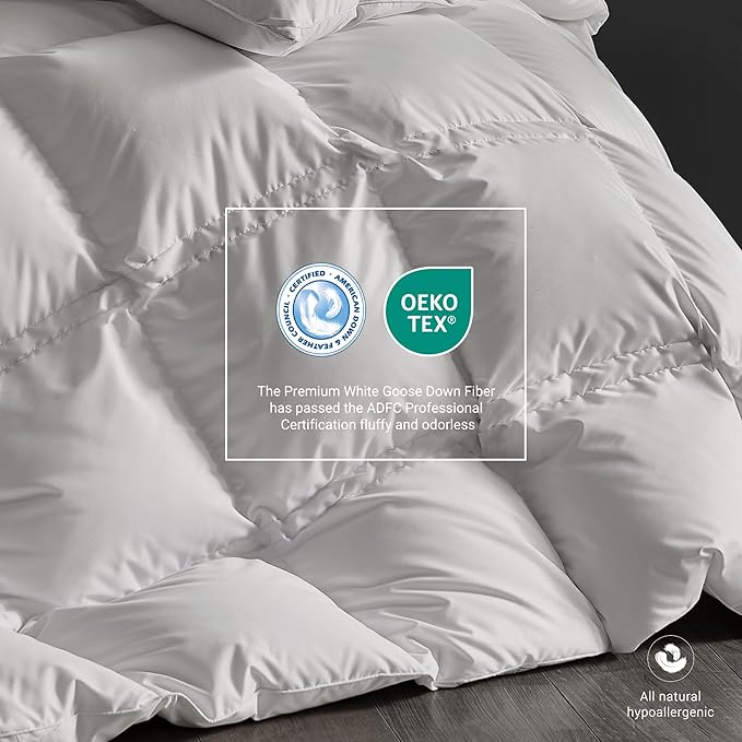Hotel Grand White Goose Down Fiber Comforter Queen Size, Luxury Hotel Collection Comforter Duvet Insert Queen with Corner Loops, 2.5cm Breathable Panel for Summer and Hot Sleeper, 90'' x 90''