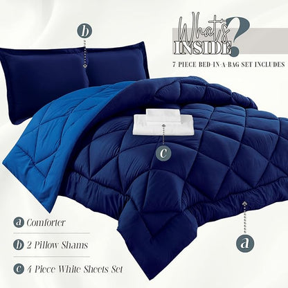 Elegant Comfort 7-Piece Twin Size Bed-in-a-Bag - Luxury 1500 Thread Count Comforter & Sheet Set, Super Cozy, Wrinkle and Stain Resistant, Navy/Aqua