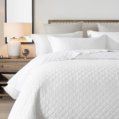 SahSahCasa Quilt Set King Size, 100% Cotton Quilt Bedding Set Bedspread, Diamond Pattern Stitching Solid Color Chic Lightweight Quilted Comforter for King Bed, White, All Season, 3 Pieces