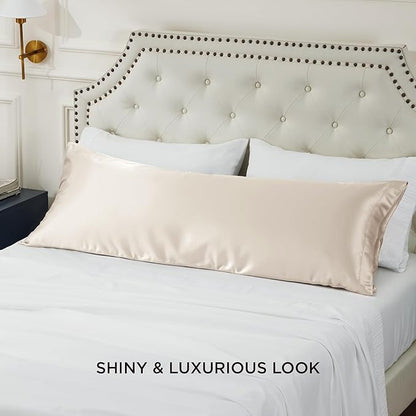 Bedsure Body Pillow Cover 20x54 Inches - Beige Satin Similar to Silk Pillowcase for Hair and Skin, Cooling and Silky Long Body Pillow Pillowcase with Envelope Closure, Gifts for Women Men