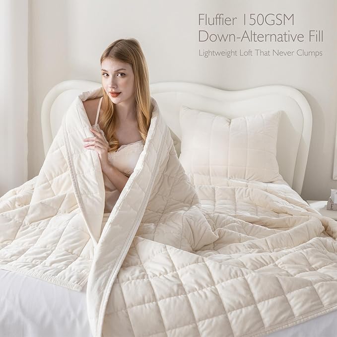 Greek Velvet Queen Quilt Set, 3× Softer Luxe Sheen, 100% Cotton Backing, 150GSM Down-Alternative Fill, Expanded 98×98" Coverage for Fuller Side Drape (1 Quilt + 2 Pillow Shams), Whisper White