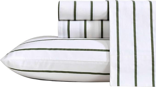Nautica - Full Sheets, Premium Cotton Percale Bedding Set, Striped Home Decor, Oeko-Tex Certified (Brenton Stripe Ivory, Full)