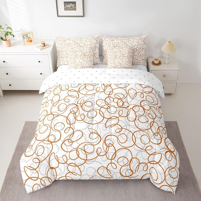 Erosebridal Geometric 7 Piece Comforter Set Twin Bed in A Bag Orange White Abstract Lines Bedding Set for Boys Girls Bedroom Modern Abstract Texture Quilt Contemporary Swirls Aesthetic Sheet Set