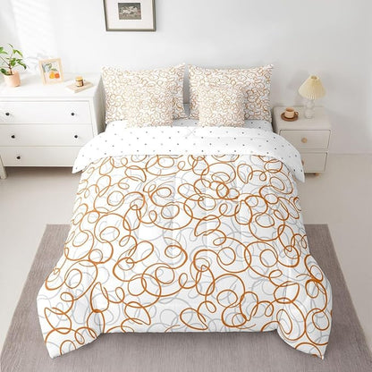Erosebridal Geometric 7 Piece Comforter Set Queen Bed in A Bag Orange White Abstract Lines Bedding Set for Boys Girls Bedroom Modern Abstract Texture Quilt Contemporary Swirls Aesthetic Sheet Set