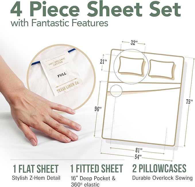 TEXAS LINEN CO. 100% Organic Cotton Sheets Full Size - 4 PC Organic Cotton Percale Sheets Full Set (Light Grey), Soft, Cooling & Breathable Bedsheets, 16" Deep Pocket Hotel Bedding - GOTS Certified