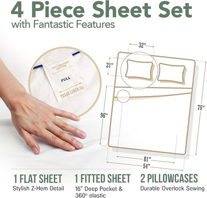 TEXAS LINEN CO. 100% Organic Cotton Percale Sheets Full Size Pack or 2 - Soft & Crisp Organic Cotton Sheets Full Size (8 PC, Light Grey), 16" Deep Pocket Percale Weve Bed Sheet Set - GOTS Certified