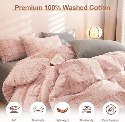 EAVD Pink Grey Grid Plaid Duvet Cover Twin Washed Cotton Bedding Set 3 Pieces Modern Farmhouse Gingham Duvet Cover with 2 Pillowcases Reversible Grid Checkered Bedding Set with Zipper Closure