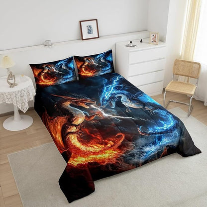 Feelyou Dragon Comforter Set Queen Size Dragon Stuff Comforter for Boys Girls Teens Wild Life Bedding Set Thunder and Lightning Duvet Set Room Decor Blue Orange Quilt Set