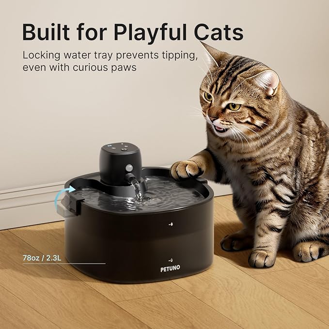 Cordless Cat Water Fountain, Battery Operated, Black, 78oz/2.3L | Wireless Cat Fountain Rechargeable 4000mAh, Motion Sensor, Ultra-Quiet Pump, Locking Lid, Automatic Pet Fountain