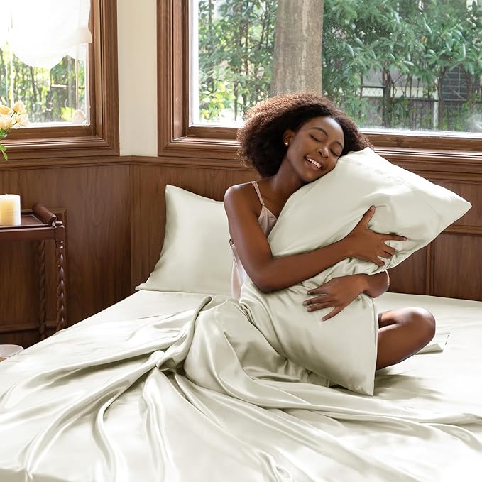 CozyLux Satin Sheets Full Size Sheets - 4 Piece Silky Full Size Bed Sheets, Luxury Cream Full Bed Set with Smooth and Soft Microfiber, Includes 1 Fitted Sheet, 1 Flat Sheet and 2 Pillowcases