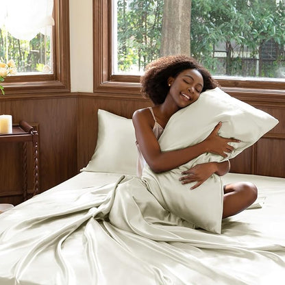 CozyLux Satin Sheets Full Size Sheets - 4 Piece Silky Full Size Bed Sheets, Luxury Cream Full Bed Set with Smooth and Soft Microfiber, Includes 1 Fitted Sheet, 1 Flat Sheet and 2 Pillowcases
