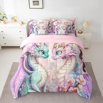 Western Dragon Couple Bedding Set,Japanese Cherry Blossom Full Comforter Set with Sheets for Kids Teens Room Decor,Pastel Girly Pink Castle Bed in a Bag 7 Piece for Bedroom Living Room