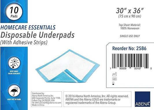 Abena Essentials Disposable Underpads w/ Adhesive Strips, 30" x 36", 10 Count (Pack of 1), Blue