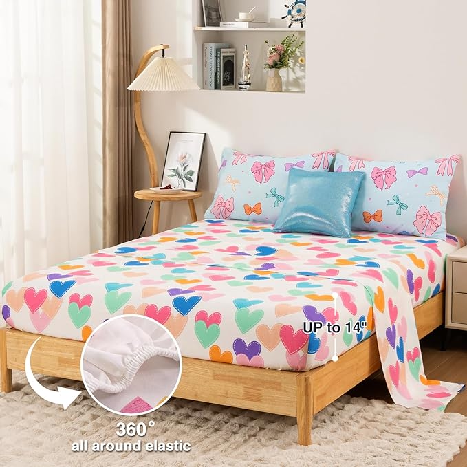 A Nice Night Twin Comforter Set for Girls 6 Piece Bedding Sets Soft Polyester Bed in a Bag with Multi-Color Chic Bows Pattern,Blue Background Room Decor for All Season