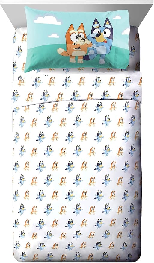 Jay Franco Kids Sheet Set with Fitted, Flat Sheets & Pillow Cover - Ultra-Soft Bedding with Pillowcase for Room Decor, White - Bluey, 3 Piece Toddler
