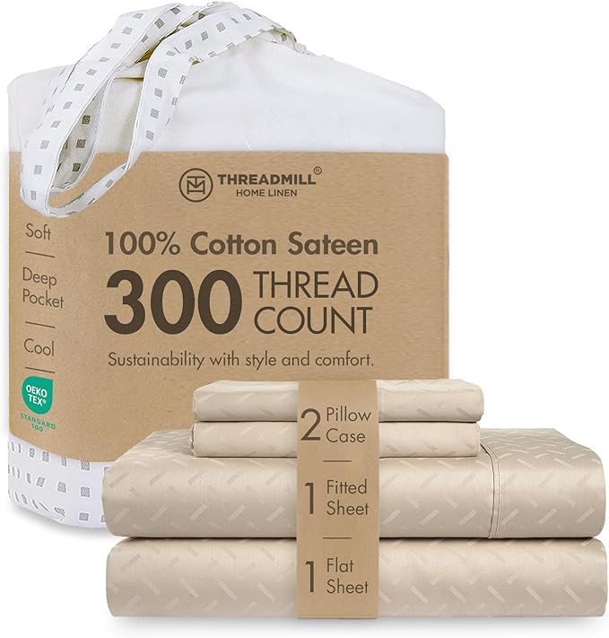 300 Thread Count Jacquard Astra Light Beige Queen Sheet Set - 100% Cotton Breathable Silky Soft Damask Sheets - 4 Pc Bed Sheet Set Elasticized Deep Pockets - Wrinkle Free Bedding Sheets by Threadmill