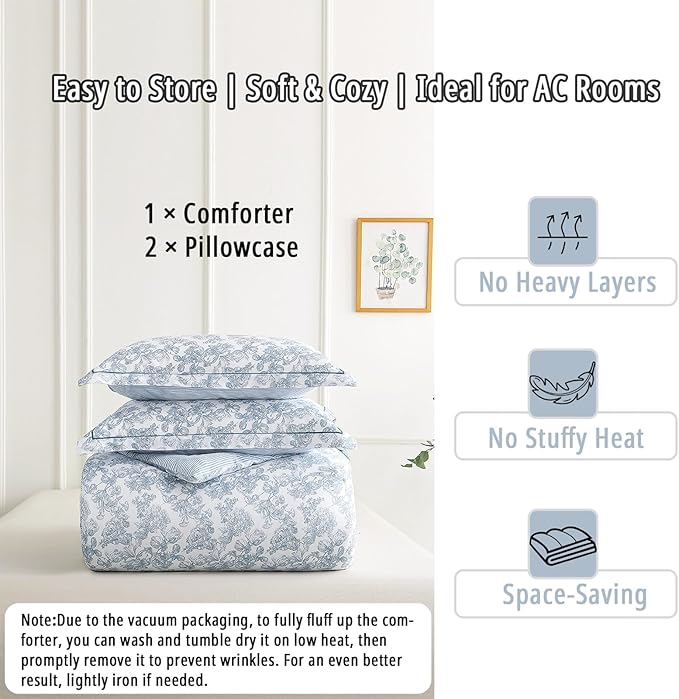 Vintage Cotton Comforter King Size 3Pcs - Elegant Pale Slate Blue Floral Pattern on White with Light Blue & White Striped Reverse, Luxurious Lightweight Bedding Sets with Soft Fill(104"×90")