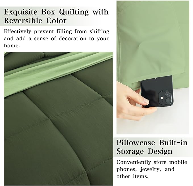 Twin XL Comforter Set - 7 Piece Green All-Season Bedding with Ultra Soft Reversible Lightweight Comforter, Bed Skirt, Flat Sheets, Pillowcases & Pillow Shams