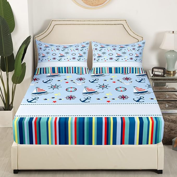 Nautical Anchor Bed Sheets Set Ocean Fish Seagull Blue Fitted Sheet Outdoor Adventure Bedding Set for Bedroom Decor Red Blue Stripes Sheet (Queen Flat Sheet & Fitted Sheet with 2 Pillow Case)