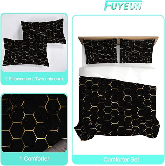 Geometric Comforter Set Twin Size Black and Gold Honeycomb Bedding for Kids Girls Boys Bedroom Decor Quilt Bed Sets, 1 Comforter 1 Pillowcase