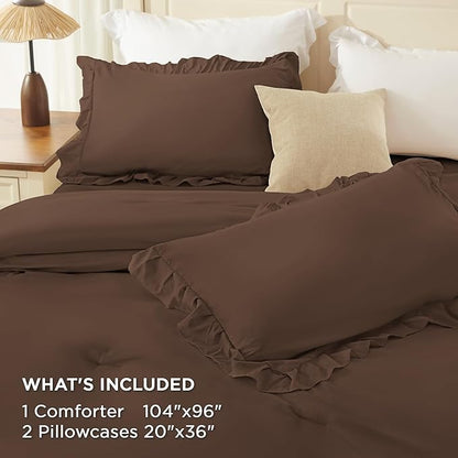 Andency Brown California King Comforter Set (104x96Inch), 3 Pieces Farmhouse Shabby Chic Ruffle Bedding Comforter Sets, Lightweight Fluffy Soft All Season Bed Set