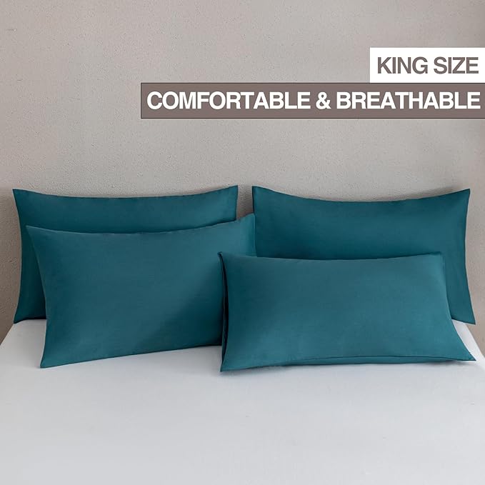 MINIPANDA Blue-Green King Size Pillow Cases Set of 4 - Super Soft, Smooth and Breathable Pillow Cases King - Envelope Design - Machine Washable Lightweight (20X40 Inches (4 Piece))