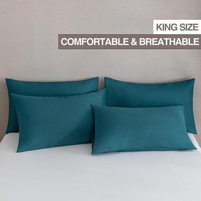 MINIPANDA Blue-Green King Size Pillow Cases Set of 4 - Super Soft, Smooth and Breathable Pillow Cases King - Envelope Design - Machine Washable Lightweight (20X40 Inches (4 Piece))