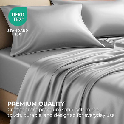 Pure Bedding Satin Sheets Twin [3-Piece, Grey] Hotel Luxury Silky Bed Sheets - Extra Soft 1800 Microfiber Sheet Set, Wrinkle, Fade, Deep Pocket Fitted Sheet, Flat Sheet, Pillow Cases