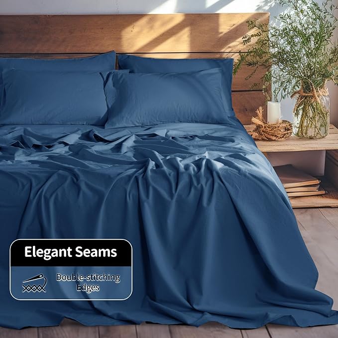 LBRO2M 100% Pure Linen Sheet Set Deep Pocket Up to 16" Bed Sheets Sets, Natural Flax Beddings Soft, Breathable, Comfortable for All Seasons 6 Pcs Sheet Set Cal King Size, Navy Blue