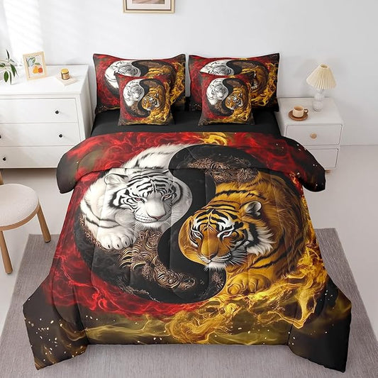 Feelyou Tiger Comforter Set 7 Pieces Queen Size Yin Yang Boho Trippy Bedding Set for Boys Girls Wildlife Bed in a Bag with Comforter, Sheets, Pillowcases & Cushion Covers