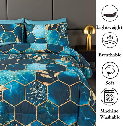 ANGIYUIN Teal Gold Bedding Set King Geometric Honeycomb Bedding Comforter Sets, 7Pcs Hexagon Watercolor Bed in A Bag, Marble Foil Print Bed Sets with Sheets Pillowcases (Teal King)