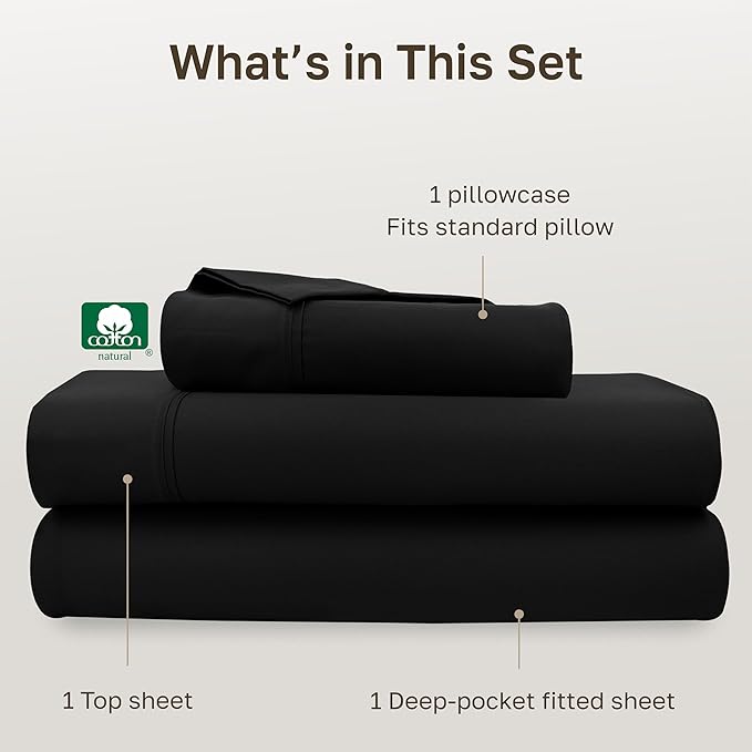 California Design Den Soft Twin Sheets Set - 400 Thread Count Sateen, 100% Cotton Sheets, Deep Pockets, and Durable Bedding Set for Dorm Rooms & Adults - Black