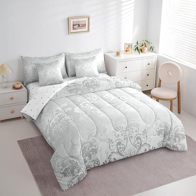Erosebridal Gothic Damask Bed in a Bag King Size Comforter Set 7 Pieces,Sun Moon Tree of Life Bedding Sets Silver White Victorian Floral Goth Sheet Set with Comforter
