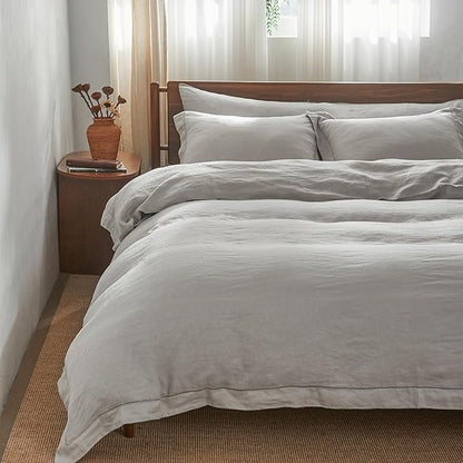 Simple&Opulence 100% Washed Linen Duvet Cover with Embroidered, 3 Pieces Soft Farmhouse Comforter Set with Button Closure,1 Duvet Cover and 2 Pillowshams(Full,Light Grey)