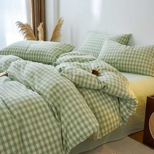 EAVD Vintage Style Green&White Plaid Gingham Duvet Cover Full Soft 100% Washed Cotton Fresh Grid Checkered Gingham Bedding Set with 2 Pillowcases Farmhouse Green Plaid Duvet Cover with Zipper Closure
