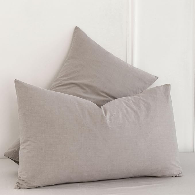 MooMee Bedding Pillowcases Pack of 2 100% Washed Cotton Linen Like Textured Breathable Durable Soft Comfy (Heathered Brownish Grey, Queen)