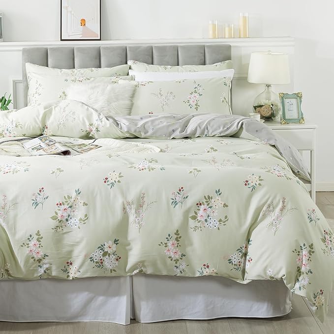 FADFAY Floral Duvet Cover Set Queen 100% Cotton Sage Green Comforter Set Coquette Bedding Girls Vintage Flower Pattern Farmhouse Bedding for All Season Soft Set with 2 Pillowcases, Queen