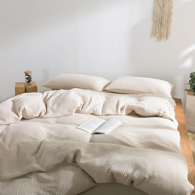 VM VOUGEMARKET Beige Duvet Cover Queen Size - 3 Pieces Muslin Cotton 3-Layer Guaze Textured Bedding Set,Includes 1 Duvet Cover 90x90 Inches with Zipper Closure & 2 Pillowcases