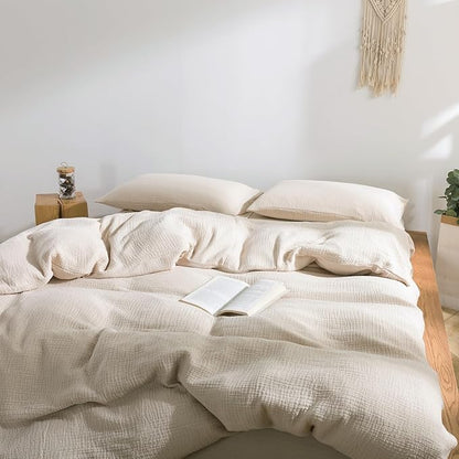 VM VOUGEMARKET Beige Duvet Cover Queen Size - 3 Pieces Muslin Cotton 3-Layer Guaze Textured Bedding Set,Includes 1 Duvet Cover 90x90 Inches with Zipper Closure & 2 Pillowcases