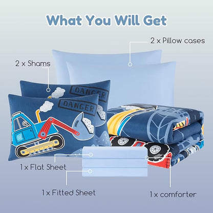 Full Size Comforter Set for Boys-7 Pieces Truck Tractor Excavator Glow in the Dark Full Bedding Sets for Kids, Ultra Soft Bed in A Bag with Sheets