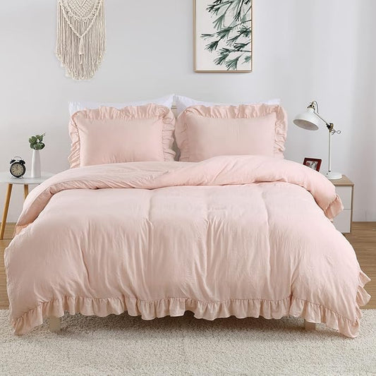 Ruffle Duvet Cover King Size, 3PCS Soft Washed Microfiber Vintage French Country Duvet Cover Set with Button Closure, Pink, 104x90 in